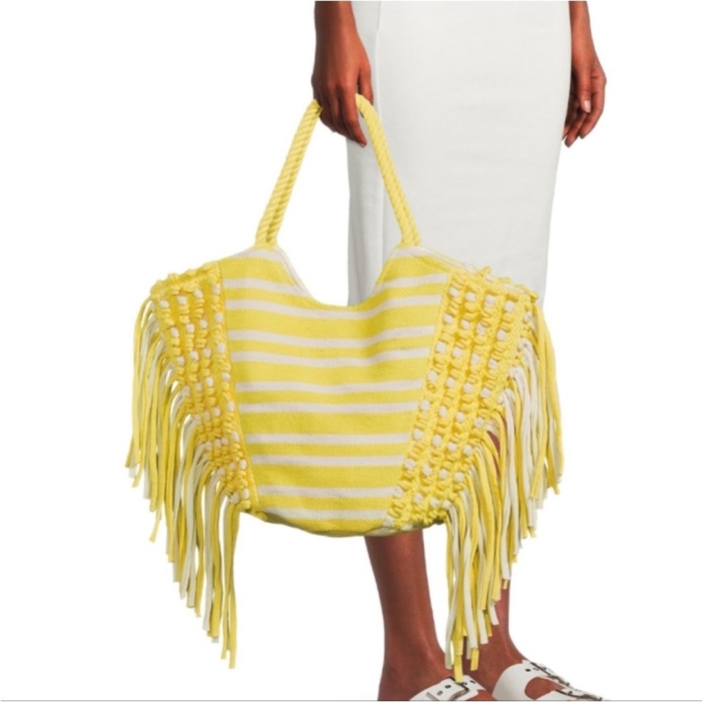 NWT Woven Yellow and White Striped Fringe Tote Beach Bag